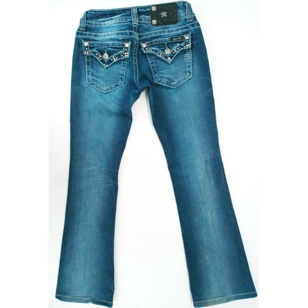 Miss Me Women's Jeans Bling Size 26 JP5755B Boot Rhinestone Distressed Back Flap - Picture 2 of 12